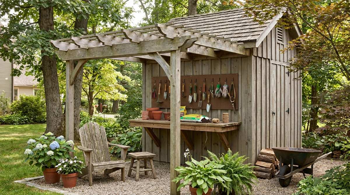 A sheltered workspace extending from a garden shed, featuring a fold-down workbench for potting tasks, hooks for gardening tools, and weathered seating for resting between garden activities.