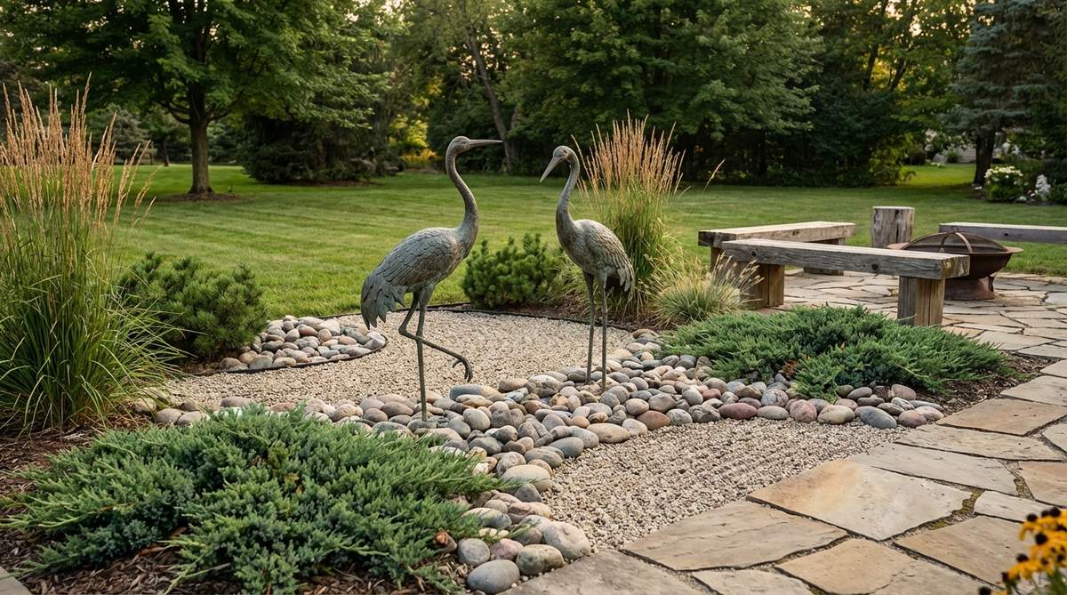Metal or ceramic crane sculptures symbolizing longevity and good fortune, often depicted standing on one leg among stones in a zen garden miniature. Paired cranes represent lasting partnership and loyalty, adding graceful curved lines to angular garden compositions.