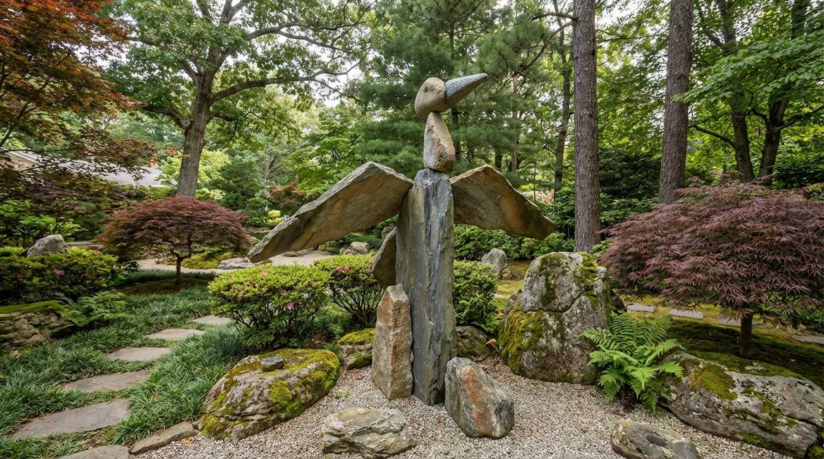 A stylized stone arrangement in a Japanese garden depicting a crane in flight, symbolizing health and good fortune, with a tall vertical stone as the body, angled stones as wings, and a pointed stone as the head, carefully balanced between literal representation and abstract suggestion.