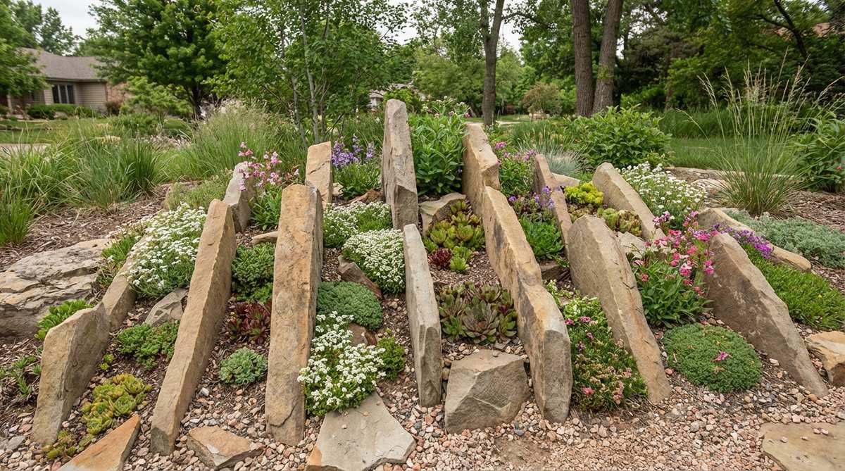 A crevice garden stone arrangement featuring thin stone slabs set vertically with narrow planting gaps, recreating alpine scree conditions. This specialized technique is ideal for rock garden enthusiasts growing rare alpines and miniature plants, with stones positioned at slight angles to create varying pocket depths for different root systems. The vertical orientation ensures excellent drainage to prevent crown rot in moisture-sensitive species, using sandstone or limestone that weathers gradually to release beneficial minerals.