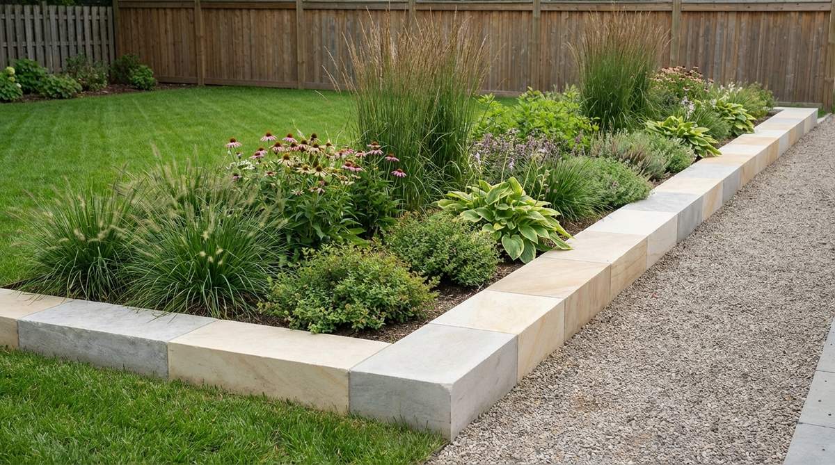 A refined border of cut limestone curbing in a modern garden, showcasing smooth surfaces and right-angle edges in natural cream, buff, and gray tones to brighten plantings, installed on a concrete base for structural integrity.