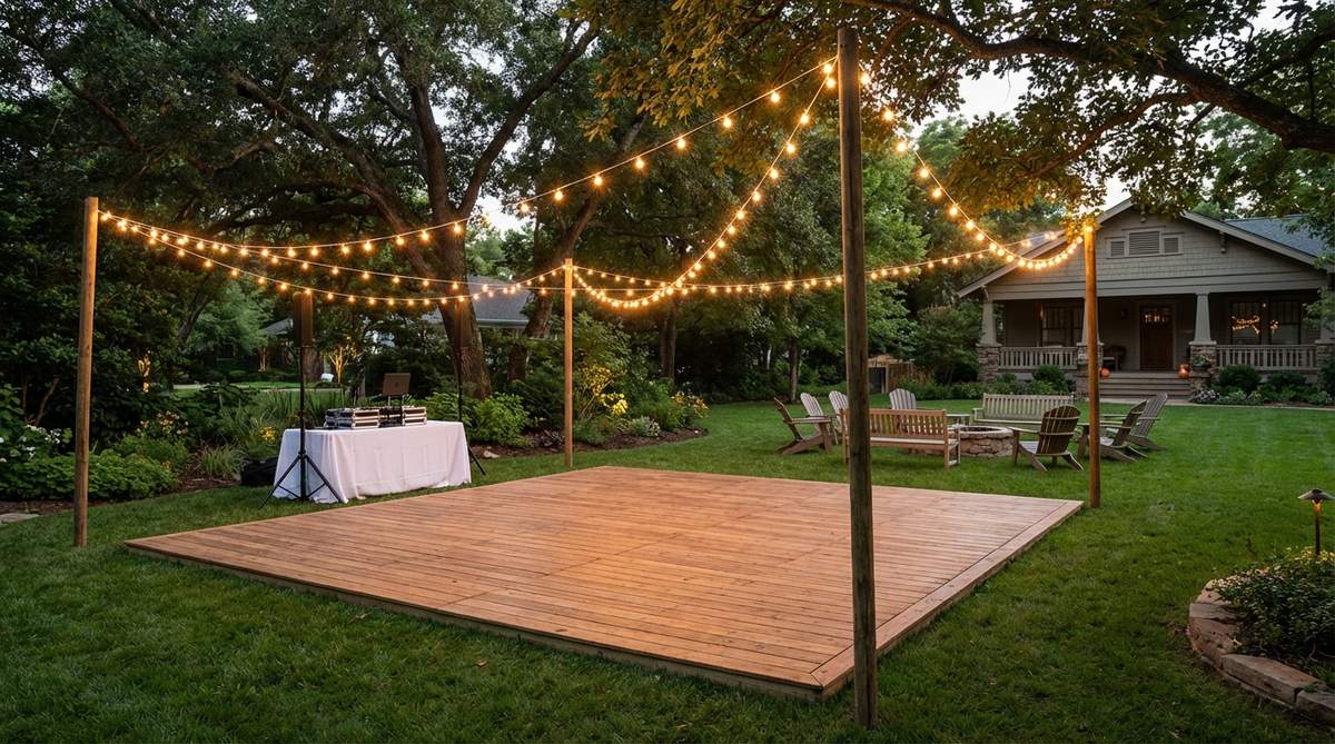 A wooden or acrylic dance floor installed on grass, clearly defined by market lights strung from surrounding poles or tree branches. This outdoor wedding decor element provides a stable surface for dancing while creating a magical illuminated perimeter that activates the space after sunset. Perfect for outdoor receptions where the dance floor needs to be positioned with consideration for band or DJ equipment placement and visibility from seating areas.