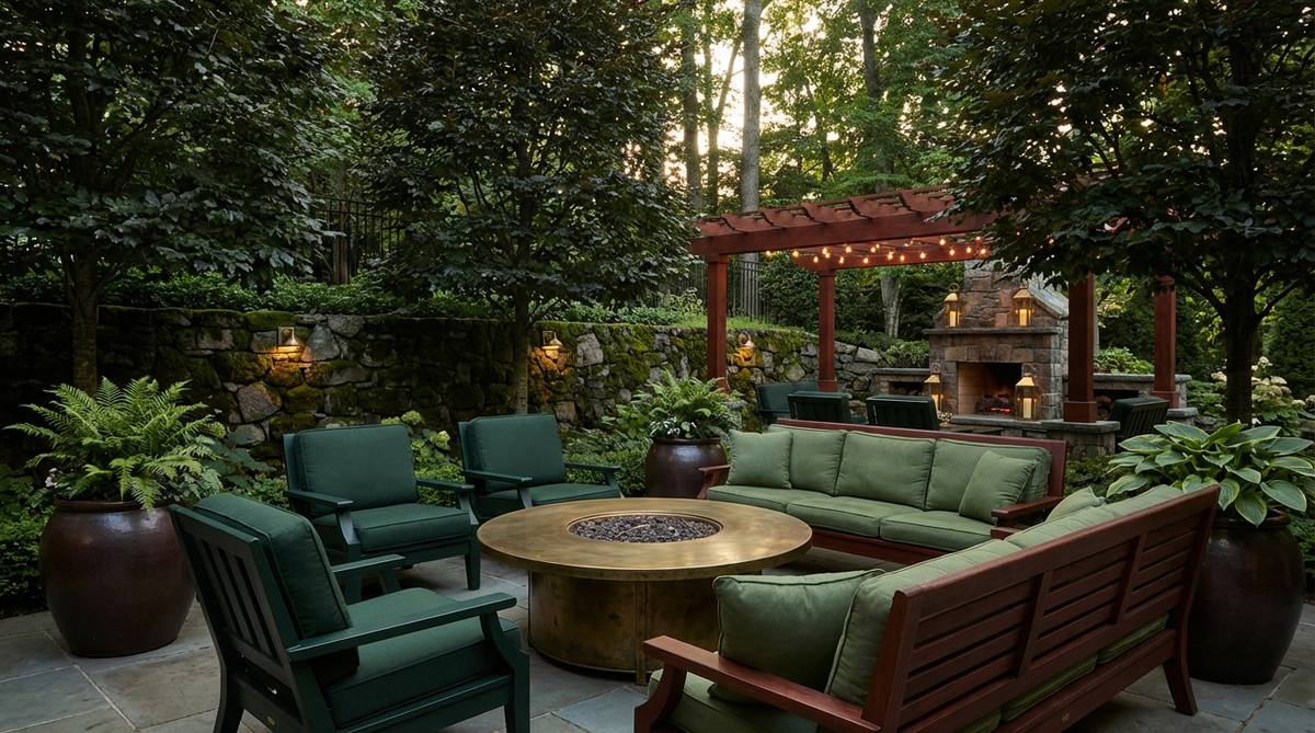 A sophisticated decor palette featuring dark forest green, rich mahogany brown, and soft moss tones, ideal for creating a dramatic and enveloping atmosphere in spacious rooms with brass lighting accents.