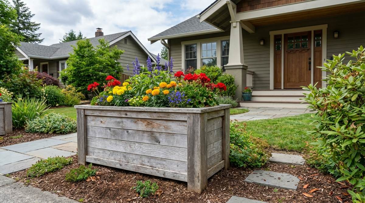 A DIY wood planter box made from cedar or pine, filled with seasonal annuals and placed in a small front garden. The untreated wood shows a natural silver patina, creating an affordable and customizable gardening solution for enhancing entryways.