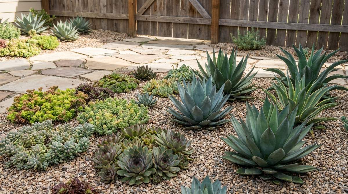A vibrant succulent garden bed featuring drought-tolerant plants like sedums, hens-and-chicks, and agave varieties arranged in a small backyard setting with gravel mulch and well-draining soil.
