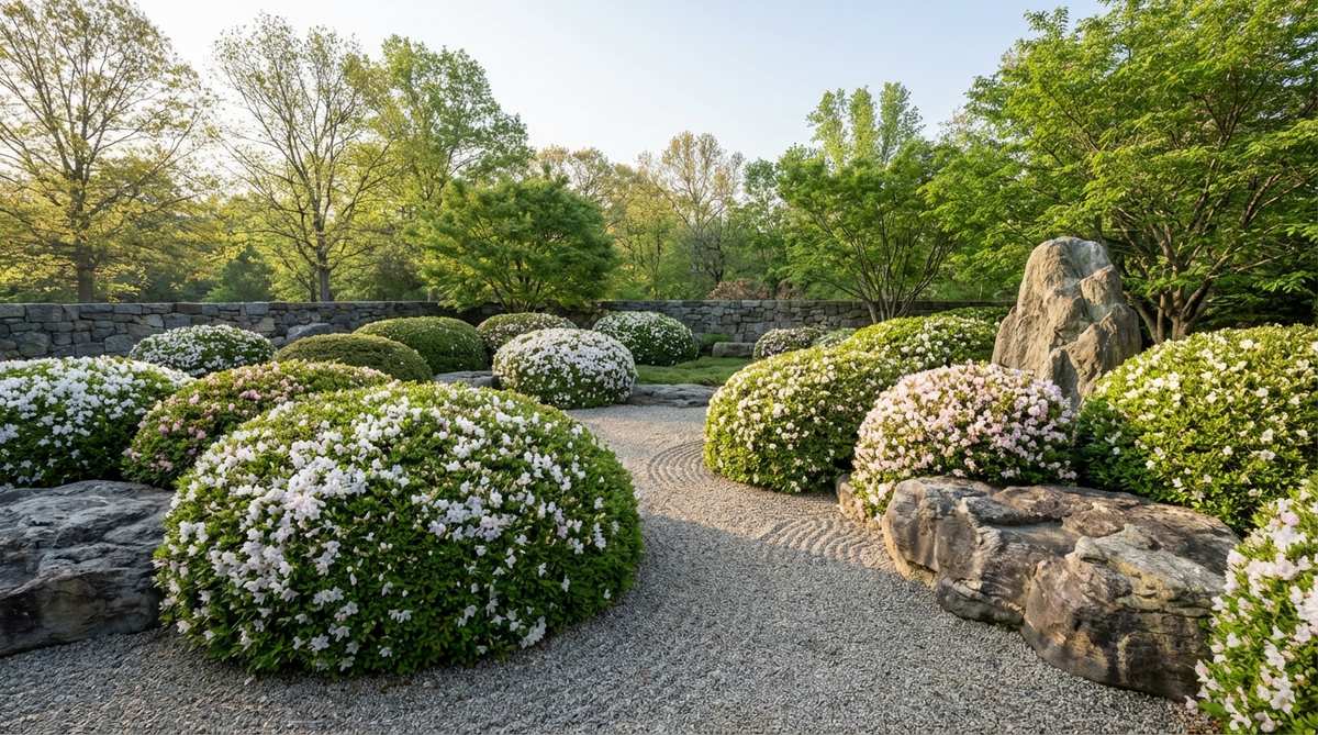 Compact Kurume azalea mounds with white or pale pink flowers, pruned into rounded forms that echo stone shapes in a minimalist zen garden setting.