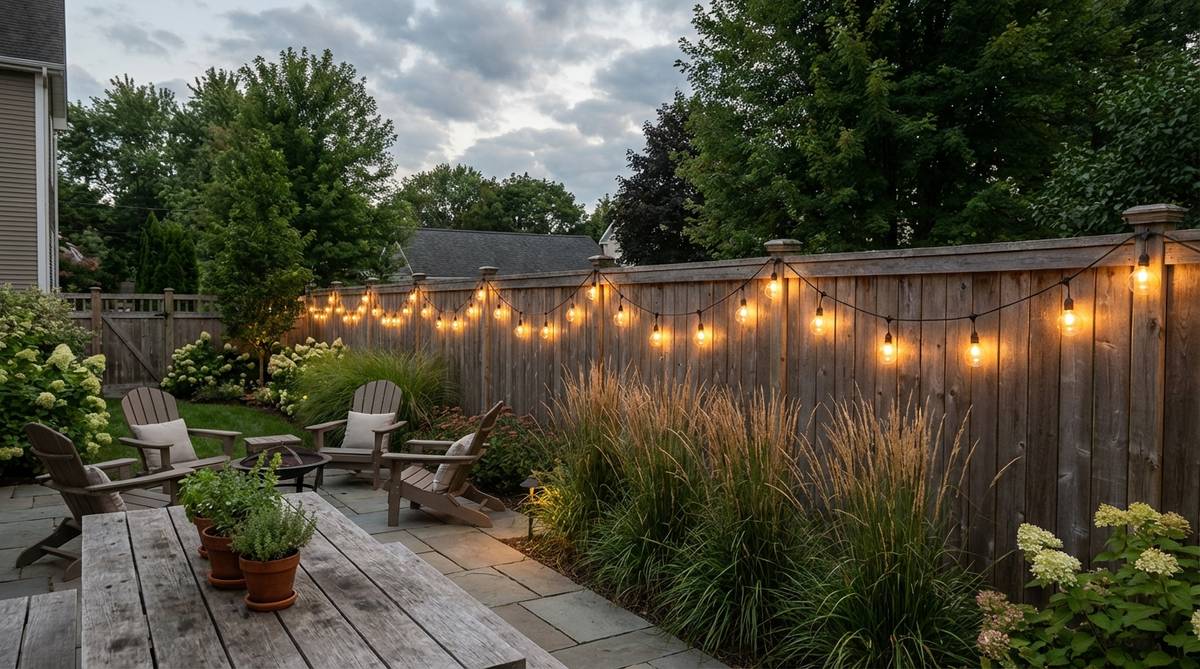 Edison-bulb festoons strung along a fence top, creating vintage industrial aesthetics with gentle catenary curves that define property boundaries and add softness to rigid fence lines.