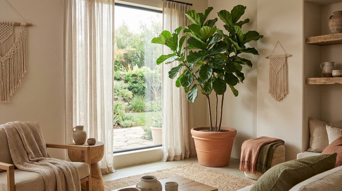 A large fiddle-leaf fig tree with broad, sculptural leaves, positioned near a window to receive bright, indirect light. It adds dramatic vertical presence and bold green contrast to an earthy boho decor scheme, softening angular room corners and creating living architecture.