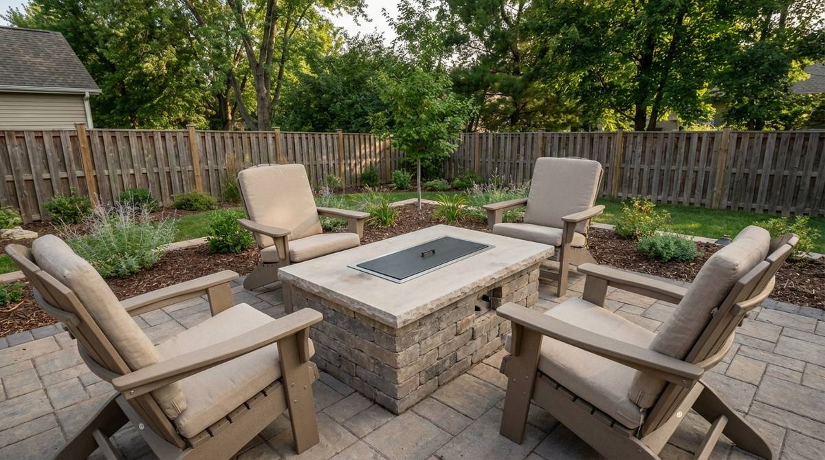 A compact fire pit table with integrated propane or ethanol burner, surrounded by coordinating armchairs or a curved bench. This all-in-one furniture piece serves as both a coffee table with ambient heat and light, and a solid surface for daytime dining with burner covers, maximizing utility in small garden spaces across all seasons.