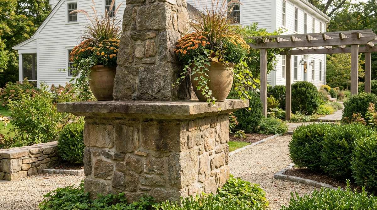 A stone garden obelisk with a broad flat cap, serving as a display pedestal for decorative urns or seasonal container plantings. The elevated platform enhances drainage and raises displays to eye level, ideal for adding seasonal variation without permanent planting.
