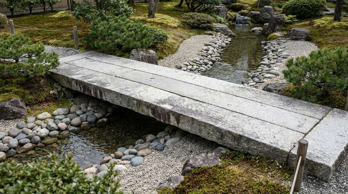 A minimalist flat stone bridge made of hand-carved silver-grey granite planks set on stone piers, spanning a narrow stream or dry gravel river in a Japanese garden. The low-profile design with horizontal emphasis suits contemporary interpretations of Japanese outdoor decor, with natural patina from mineral deposits visible on the surface.