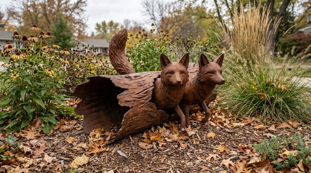 A garden statue depicting alert foxes emerging from a hollow log, with bushy tails and pointed ears creating recognizable woodland silhouettes. This 18-24 inch sculpture features a rust-colored finish that harmonizes with autumn foliage and mulch, perfect for naturalistic garden styles to add visual surprise during garden strolls.