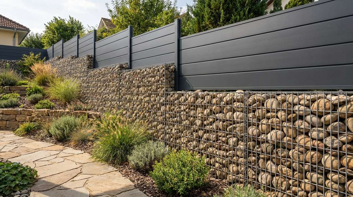 A contemporary garden fence featuring a gabion wall with wire cages filled with river rock, creating a textured lower section topped with sleek aluminum panels. The design combines natural stone materiality with modern aluminum elements, handling grade changes effectively while providing privacy and excellent drainage. The rock retains heat to create microclimates for adjacent plantings.