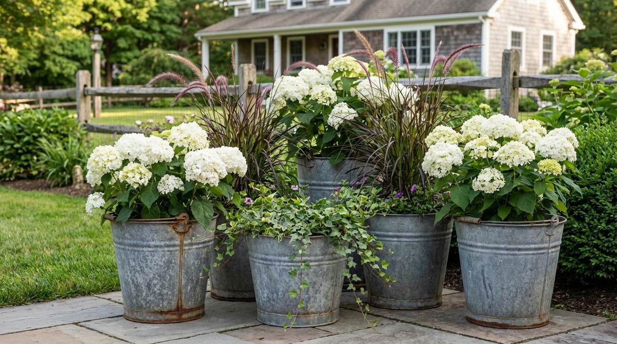 Vintage galvanized bucket planters with worn zinc coating, displaying mottled gray surfaces and rust spots at seams, used as rustic garden decor for farmhouse-style planting schemes.