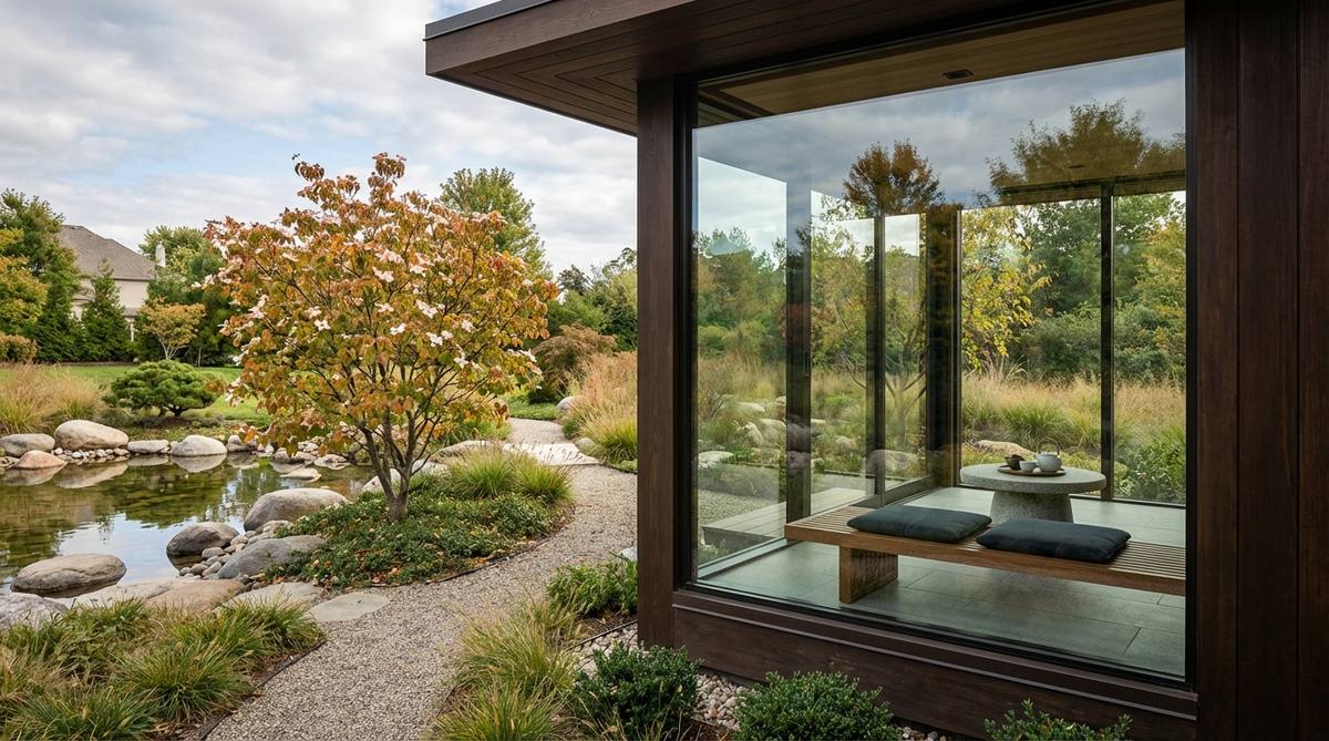 A contemporary tea house with floor-to-ceiling glass walls, blending interior contemplation space with the surrounding garden. Minimal framing enhances transparency, positioned to frame views of specimen trees, water features, or stone arrangements, featuring sparse furnishings like low seating and subtle lighting.