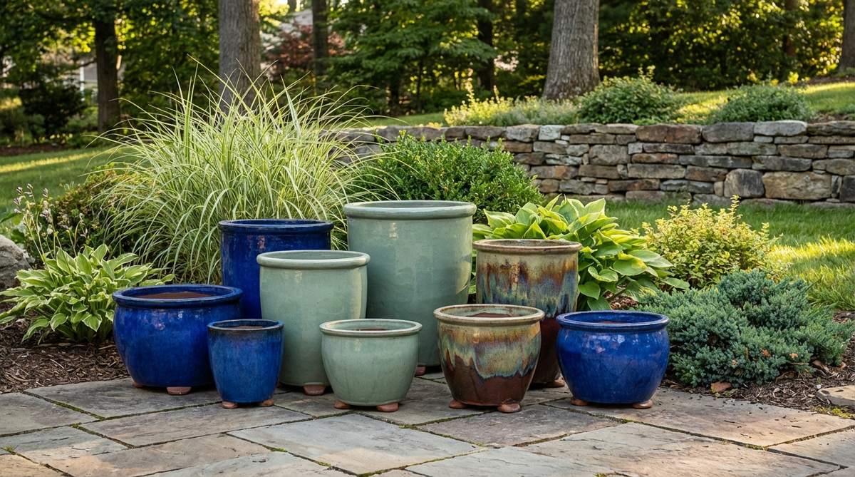 A collection of hand-thrown and production glazed ceramic pots in cobalt, celadon, and reactive glaze colors, arranged in varied sizes with pot feet for proper drainage. These frost-resistant garden pots are suitable for USDA zones 6-10 and can be clustered in monochromatic schemes or used as statement pieces in outdoor spaces.