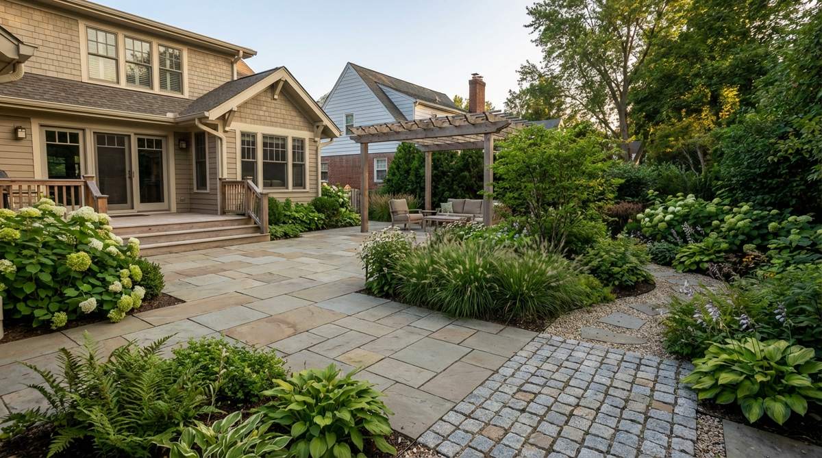 An illustration showing graduated paving sizes in a small garden, with large-format pavers near the house transitioning to smaller units toward the garden ends, demonstrating how this classical technique exaggerates perceived distance for modern layout ideas.