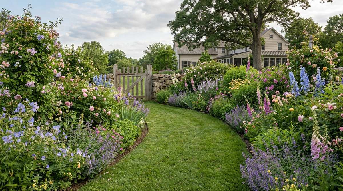 A traditional grass path winding through planted borders in a cottage garden, showing the soft walking surface and visual contrast between mown grass and flowering plants. The path is 36-48 inches wide to accommodate maintenance equipment while creating an intimate scale.