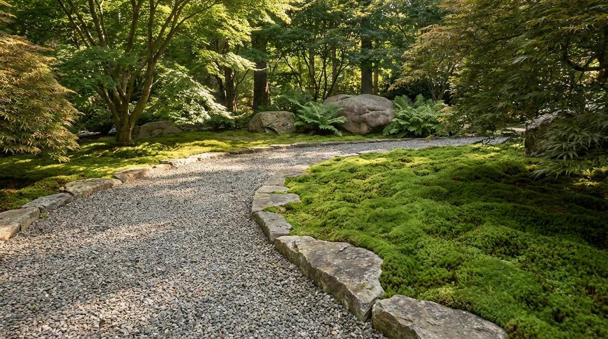 A Japanese garden pathway showing the transition from gravel to moss, with organic curved edging separating the two materials. The image captures the textural contrast between the crunchy gravel and soft moss, illustrating how this design element creates an acoustic and sensory shift in the garden experience.