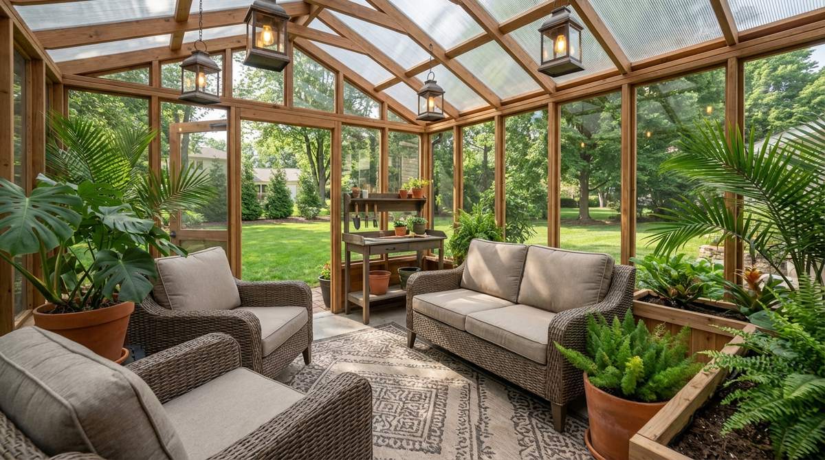 A 12x8 greenhouse lounge space with wicker seating, outdoor rugs, and hanging lanterns, creating a comfortable gathering area surrounded by tropical plants and growing beds in a small garden shed.