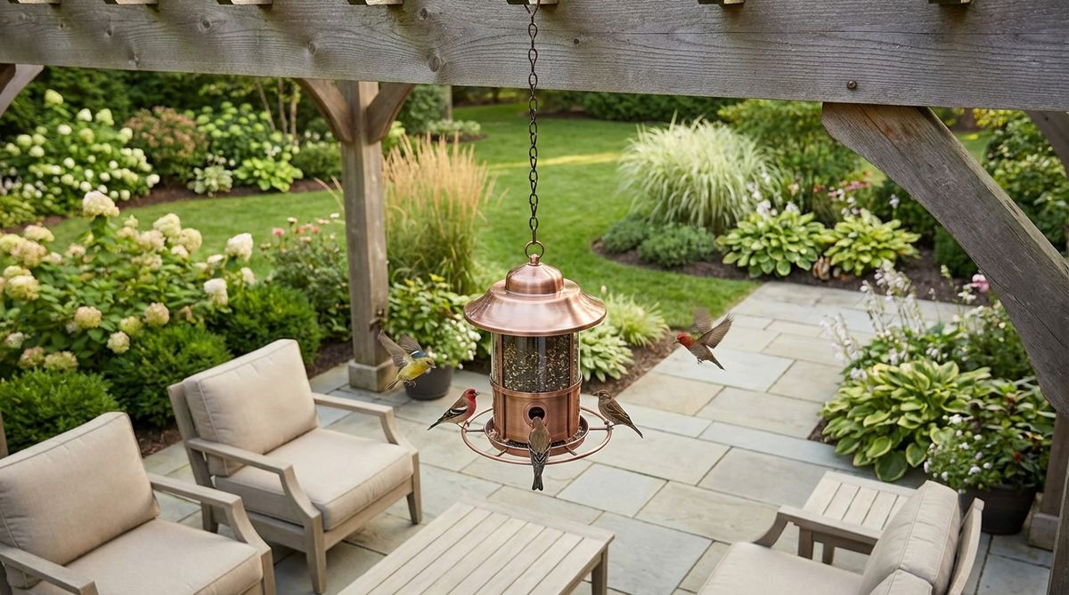 A decorative hanging bird feeder made of copper or stainless steel, positioned along a pergola perimeter to attract songbirds while minimizing mess in outdoor seating areas. The feeder is clean and well-maintained, showcasing how it adds natural entertainment through bird movement and songs to outdoor living spaces.