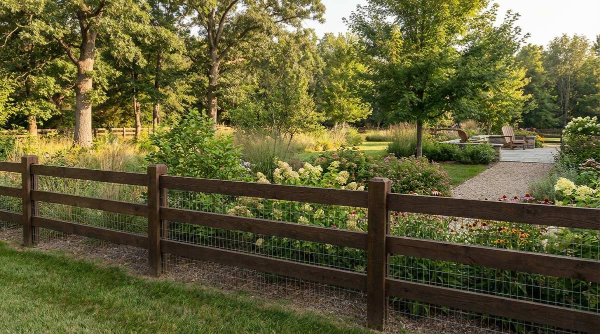 A classic horizontal rail ranch fence with three or four rails made from pressure-treated lumber or vinyl, painted white for traditional appeal or stained dark brown for modern contrast. The open design maintains sight lines while containing pets, with wire mesh added to the lower section to keep small dogs secure. Set against a backdrop of mature trees and naturalistic plantings in a rural or suburban garden setting.