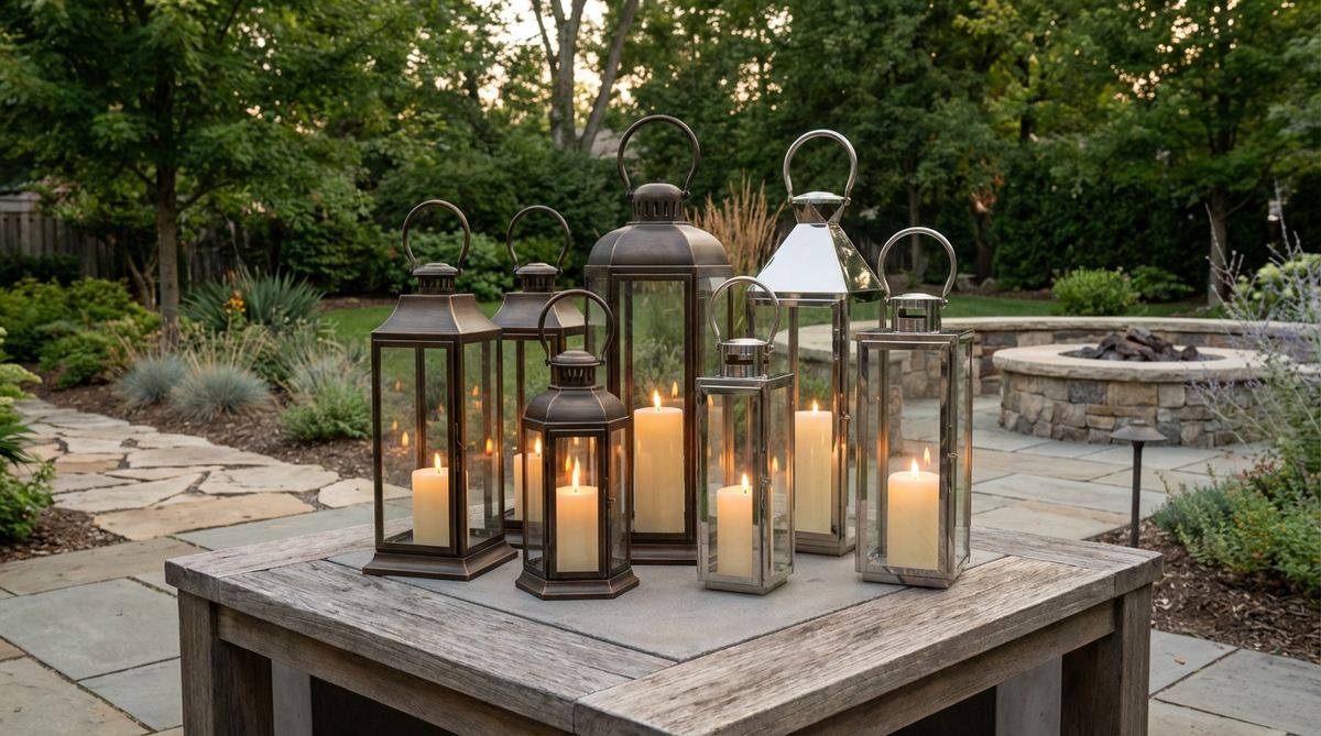 A set of metal or glass hurricane lanterns in varied heights, arranged on a modern garden table to protect candle flames from breezes and add vertical interest. The enclosed flames provide safe lighting without disturbing food aromas, with weathered metal finishes offering rustic texture or polished finishes for formal settings.