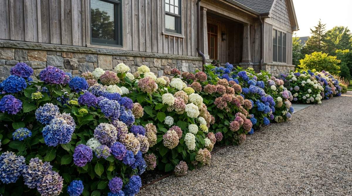 A vibrant mass planting of hydrangeas along a house foundation, showcasing large flower heads in summer-to-fall colors, with odd-numbered groups for natural drifts, suitable for full sun or partial shade varieties, and featuring drought-tolerant cultivars for low maintenance.