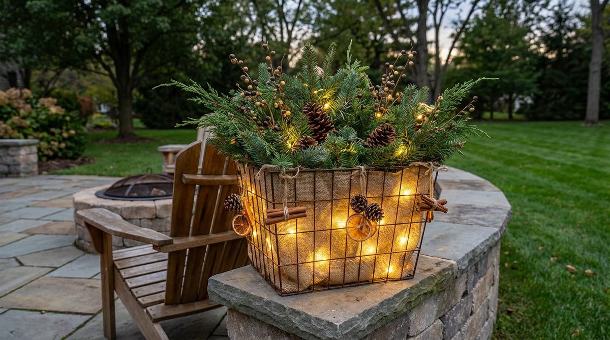 A metal wire basket planter lined with burlap, filled with evergreen arrangements and illuminated by internal battery-operated string lights. The planter is decorated with natural elements like pinecones, cinnamon sticks, and dried orange slices, suitable for hanging, mounting, or placing on outdoor surfaces in garden designs.