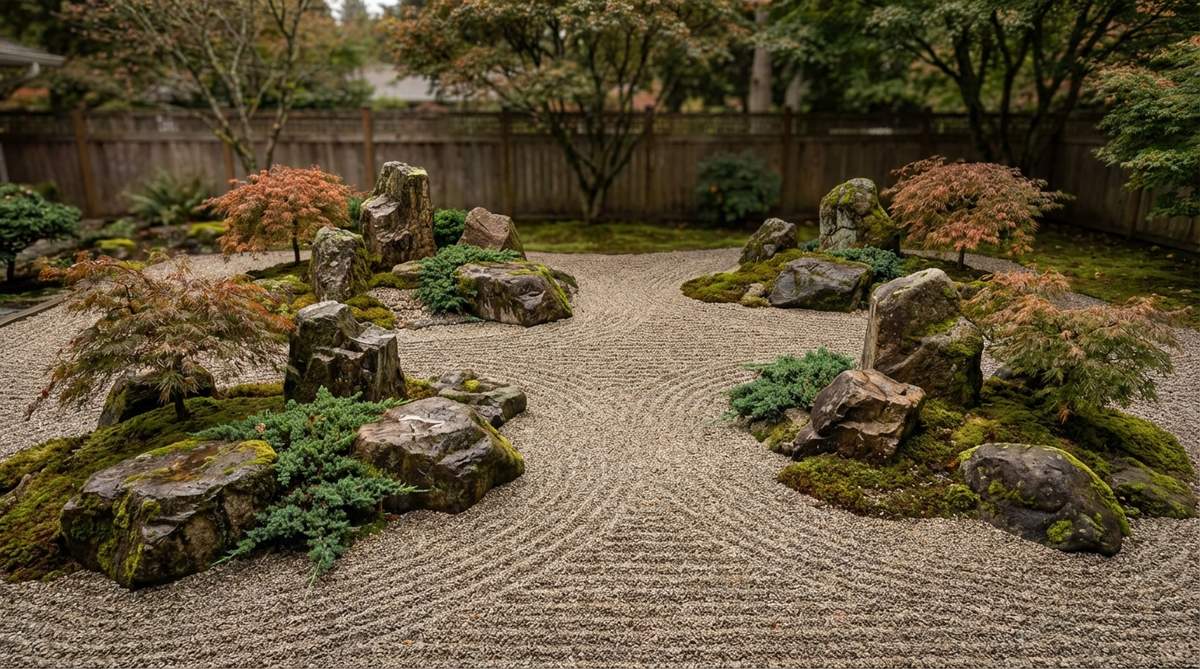 A Japanese stone garden featuring five distinct stone islands, referencing the mythical isles of immortals from Chinese and Japanese legend. Each island grouping uses three to five rocks to create individual mountain systems separated by gravel seas, arranged at irregular distances to avoid a grid-like pattern. This design adds narrative depth through mythological symbolism, appealing to both those familiar with the legends and those appreciating the aesthetic arrangement.