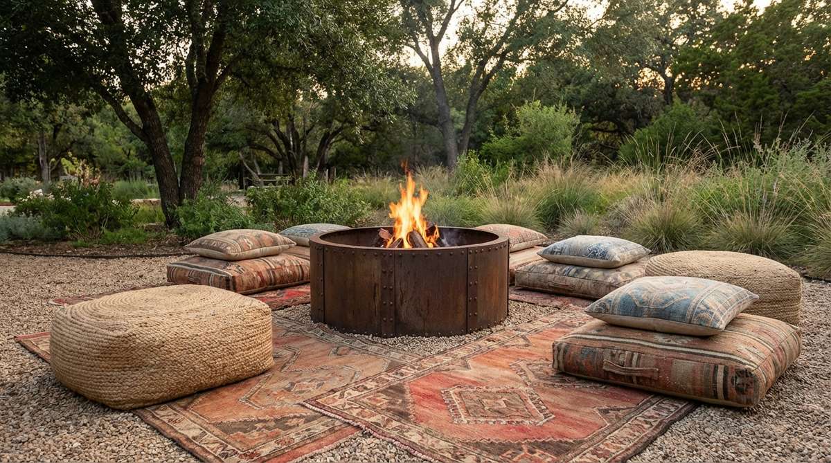 An industrial-style fire pit made of steel or cast iron, surrounded by low-profile floor seating such as large cushions, poufs, and vintage rugs, creating a bohemian-inspired outdoor gathering space for intimate conversations and relaxed lounging.