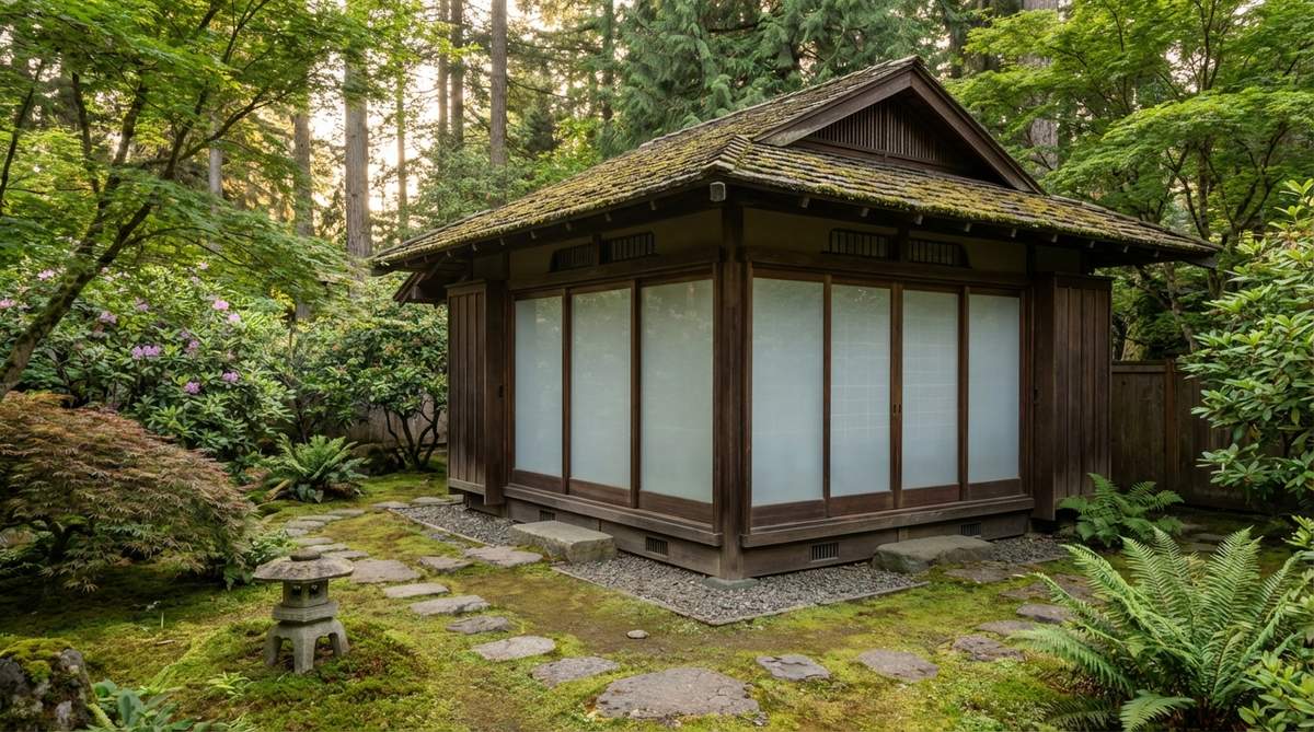 A traditional Japanese tea house with modern insulation features including triple-pane shoji windows and concealed heating/cooling systems, designed for year-round comfort in all seasons while maintaining authentic aesthetic elements.