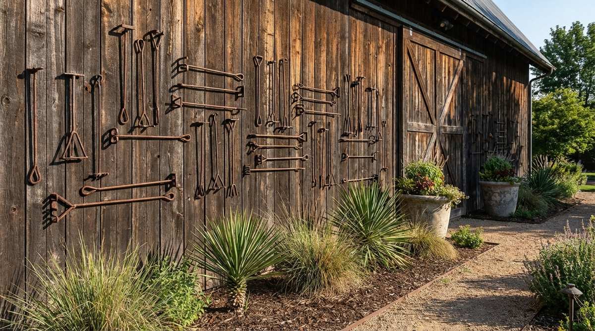 Antique livestock branding irons mounted as wall art create strong linear forms and abstract sculptures against outdoor siding or fencing. These authentic ranch tools with minimal geometric shapes carry historical weight and suit both traditional and contemporary western aesthetics in rustic outdoor decor.