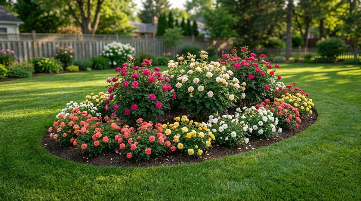 A freestanding island bed of roses cut into a lush green lawn, showcasing a 350-degree design with taller roses in the center and lower-growing varieties at the edges. The gently curved edges allow for easy mower access and maintenance, creating a focal point visible from multiple directions in the garden.