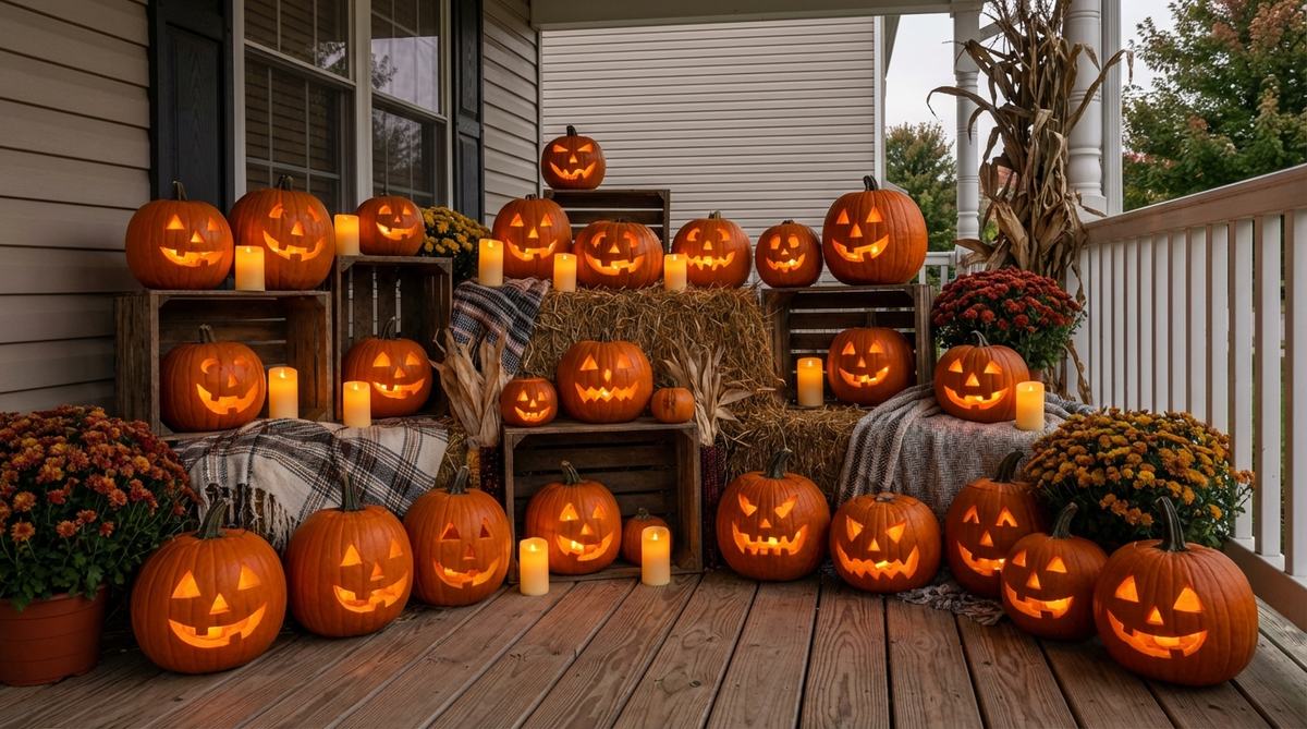 A cluster of carved pumpkins with LED candles, arranged on a porch with some elevated on crates for a tiered effect, showcasing safe Halloween outdoor decor.