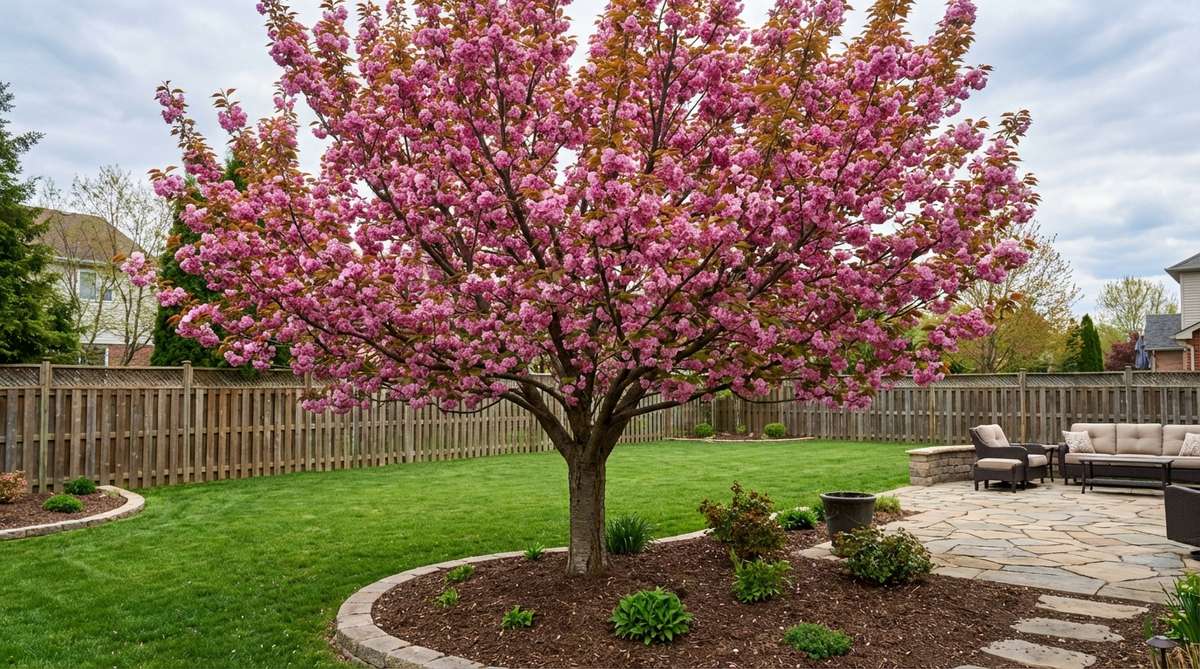 Kanzan cherry tree with vibrant deep pink double flowers in abundant clusters, creating a dramatic sakura display. The flowers emerge simultaneously with copper-bronze new foliage, enhancing the color intensity. This vigorous upright grower reaches 30-40 feet with a vase-shaped habit, demonstrating good urban tolerance and performing reliably across zones 5-9.