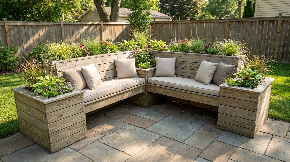 A contemporary custom-built L-shaped corner garden bench with integrated planters, transforming unused yard corners into functional seating areas with greenery. Features pressure-treated lumber construction, landscape fabric-lined planters for proper drainage, and seasonal cushion options for comfort while maintaining clean architectural lines.