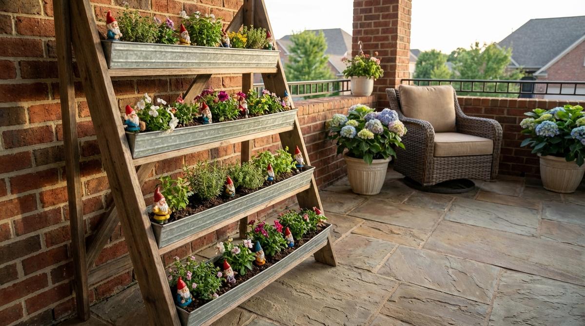 A leaning ladder shelf with multiple shallow planters creating a vertical, tiered display for mini garden gnomes, designed for small outdoor spaces like patios or balconies.