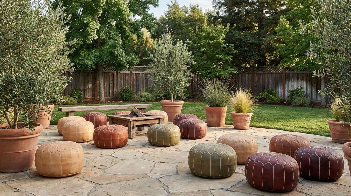 Moroccan-style leather poufs in natural tan and dyed rust, olive, or burgundy colors arranged in loose clusters for flexible seating at boho-themed parties. These portable poufs provide firm support and casual aesthetic that guests can move to adjust conversation groups.