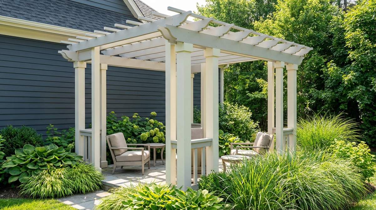 A small garden pergola with light-colored finishes in white, cream, or pale gray, reflecting light to create an airy feel and make compact spaces appear larger. The finish reduces heat absorption for cooler temperatures and contrasts beautifully against dark house siding or lush green gardens.