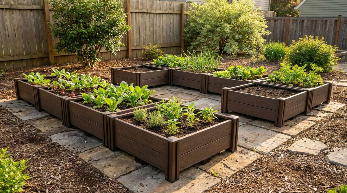 A modular mini garden bed system featuring 2x2 foot square boxes made from composite decking with integrated feet for drainage. The modules can be positioned independently or connected to form larger beds, allowing for flexible garden expansion and easy movement to optimize sun exposure or protect plants.