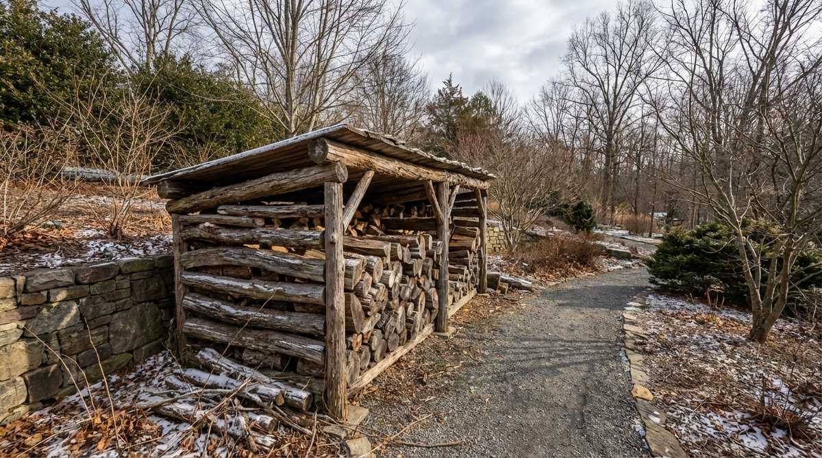 A rustic stacked firewood log pile shelter providing winter habitat for beneficial insects, small mammals, and amphibians in an outdoor winter landscape setting.