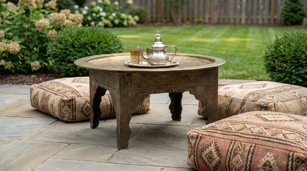 A low Moroccan tea table made of hand-hammered brass or copper, standing 12-16 inches high. The table features intricate engraved patterns that catch light, with a developing patina that adds character over time. Perfect for boho garden furniture setups, it's designed for traditional mint tea service and authentic Moroccan entertaining with floor cushion seating arrangements.