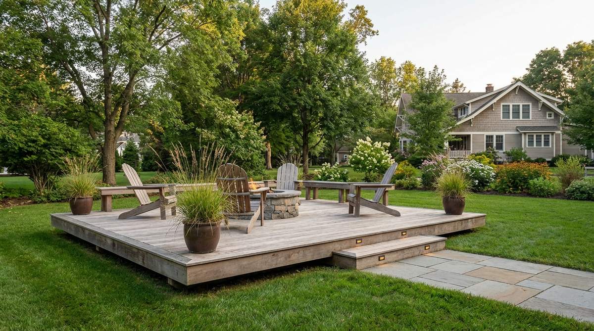 A low-profile platform deck built less than 8 inches high, creating a defined patio zone without railings. The deck floats above ground level, allowing for excellent drainage and air circulation while maintaining clear sight lines across the garden. Ideal for flat yards where minimal elevation changes are needed.