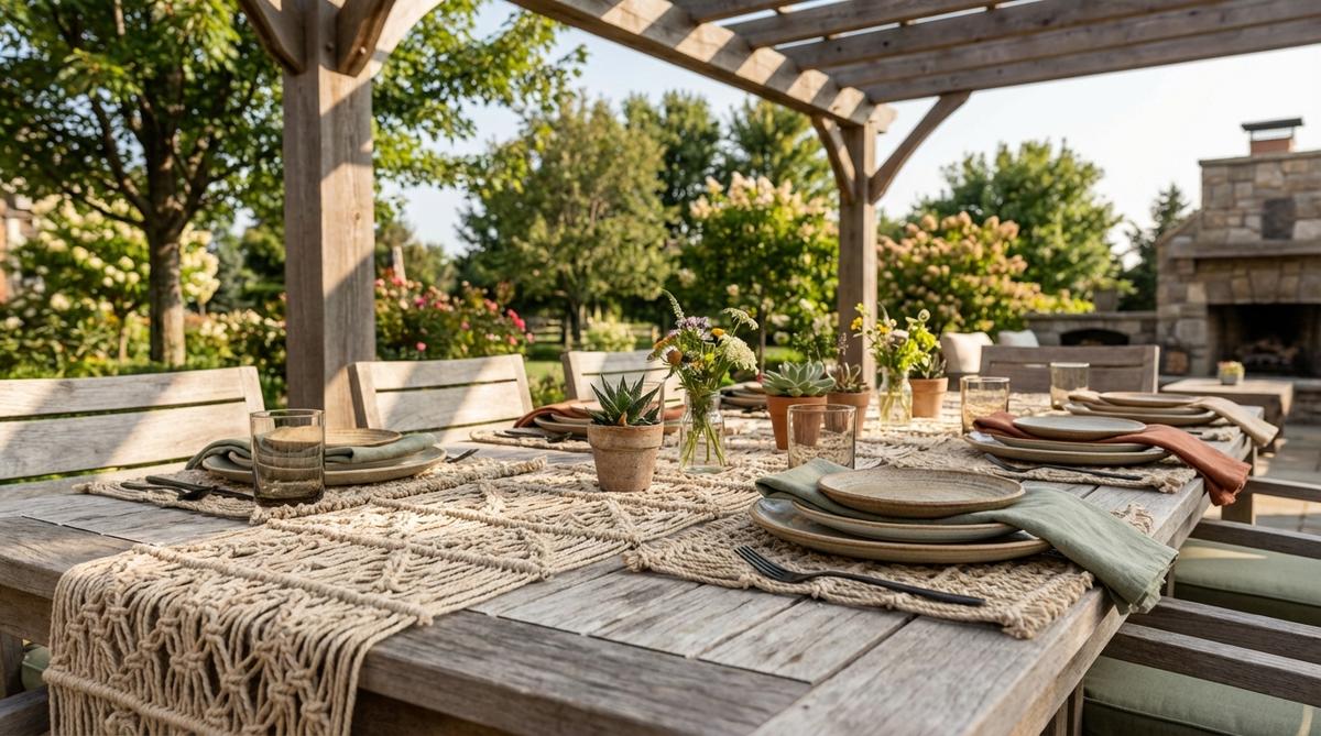 Handwoven macrame place mats with openwork designs create textured bases for earthenware place settings at a boho wedding. The natural fibers complement ceramic or wooden chargers, paired with linen napkins in earth tones for a cohesive table design that adds visual interest without trapping food particles.