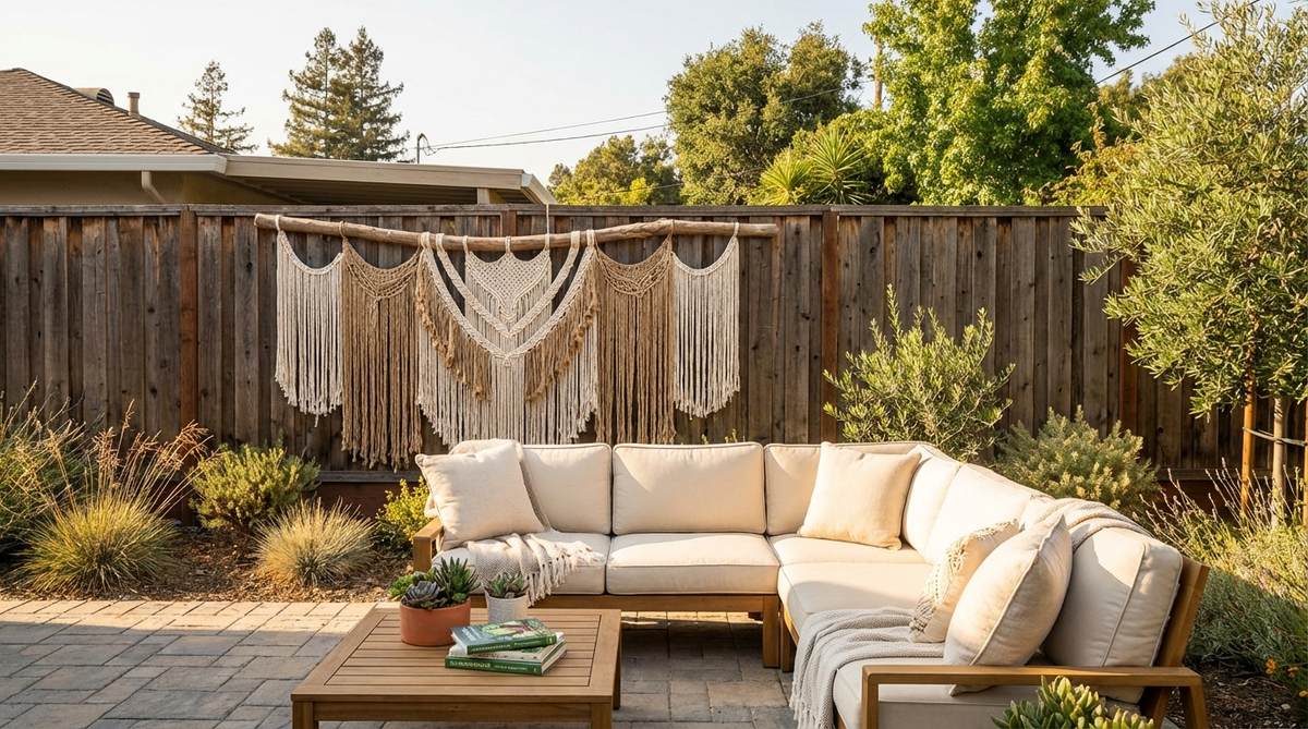 A substantial macrame wall hanging in neutral tones creates a focal point in modern boho decor, adding handcrafted texture and vertical dimension above a sofa or bed.