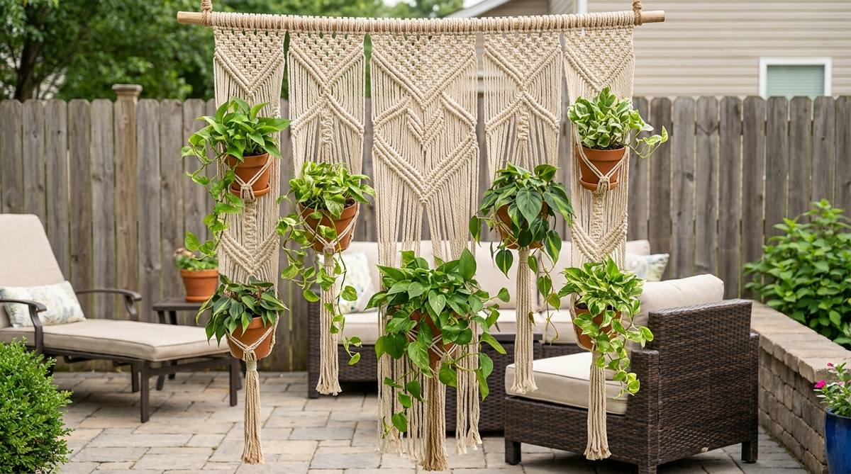 A bohemian-style macrame wall hanging made from knotted cotton or jute rope, featuring suspended planters at varying heights. This handcrafted piece adds artisan character to outdoor living spaces, with weather-resistant synthetic cords for durability and trailing plants like pothos cascading through the knotwork.