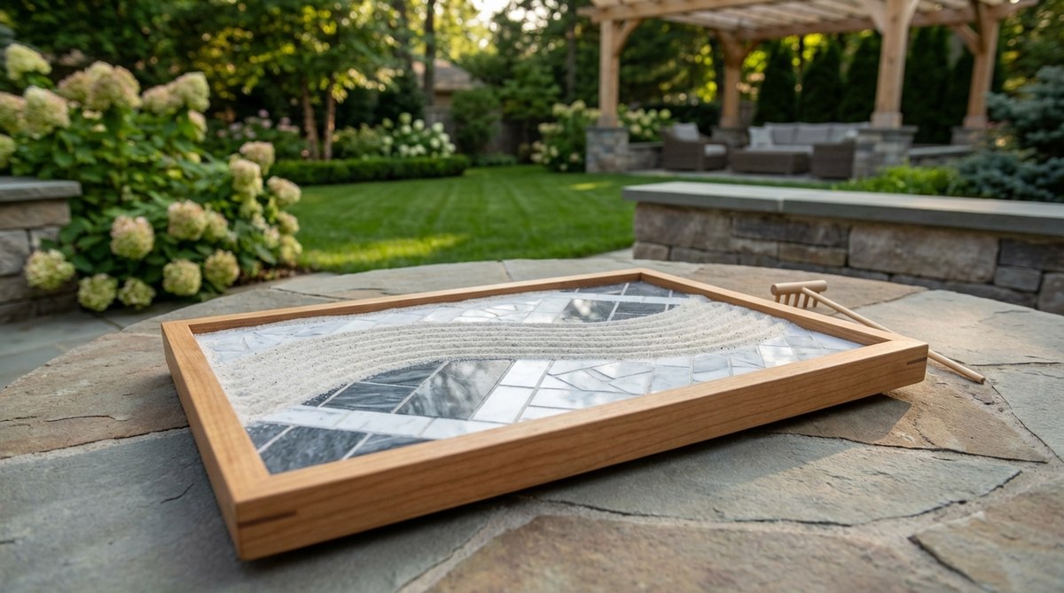 A mini zen garden tray featuring hand-cut Italian Carrara and black Belgian marble pieces forming intricate geometric mosaic patterns beneath translucent sand. The permanent marble inlay provides a structured foundation while allowing daily variation in raked sand designs, with each custom mosaic requiring over 20 hours of artisan craftsmanship.