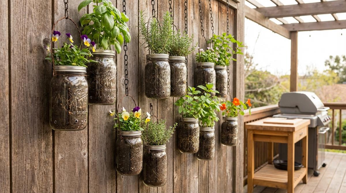 A vertical arrangement of glass mason jars suspended by wire or chain, showcasing herbs and small flowering plants on a balcony wall. The transparent jars highlight root systems and soil layers, creating a charming vintage display suitable for farmhouse or cottage garden themes, with drainage holes and varied heights for a functional herb garden near outdoor cooking areas.