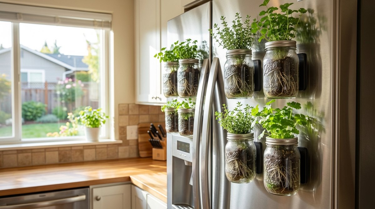 A mini herb garden created with mason jars mounted on a refrigerator using magnets. The clear glass jars show visible roots and contain light herbs like thyme or cilantro, creating a bright green display that saves counter space while keeping herbs accessible in the kitchen.